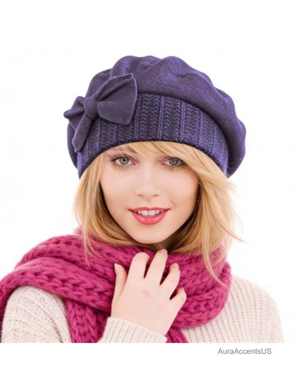 Felted Wool French Beret Beanie Winter Hat with Bowknot